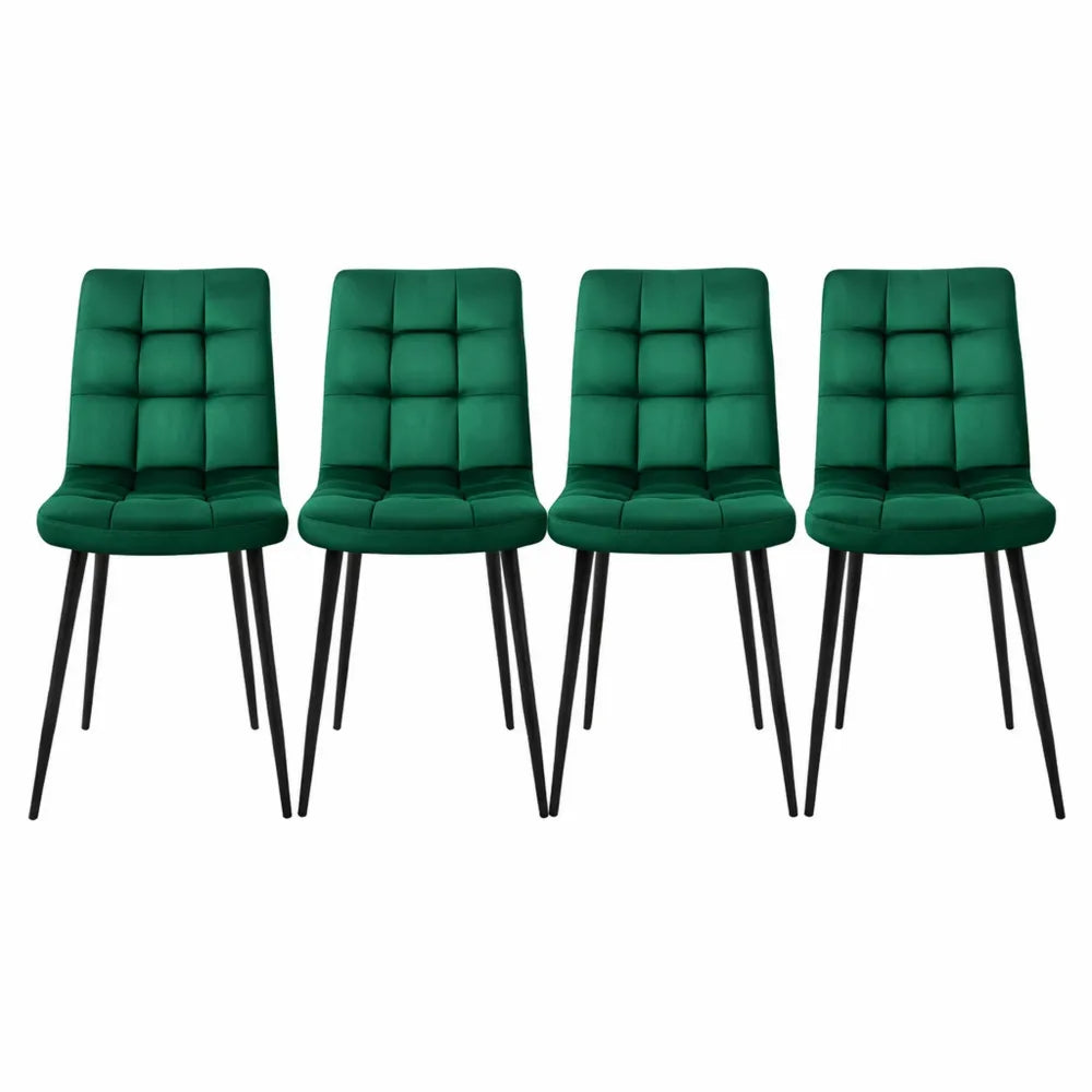 Ensemble de 4 Chaises en Velours Vert Foncé avec Pieds en Métal Noir et Dossier Ergonomique