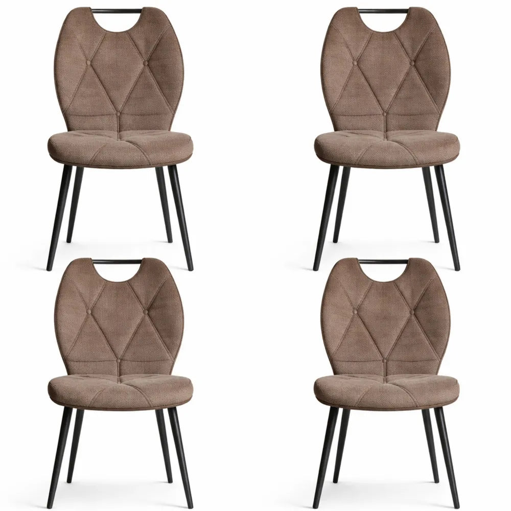 Ensemble de 4 chaises nordiques pour cuisine et salle à manger, design ergonomique, pieds métalliques, motif losanges marron
