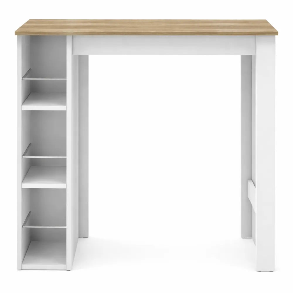 Table de bar haute avec étagères, aspect chêne clair blanc