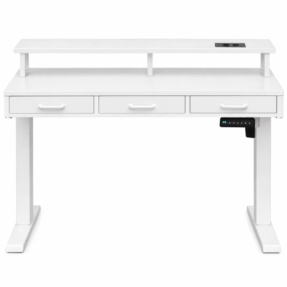 Bureau Électrique Réglable avec Tiroirs et Lumière LED, 120cm, Blanc